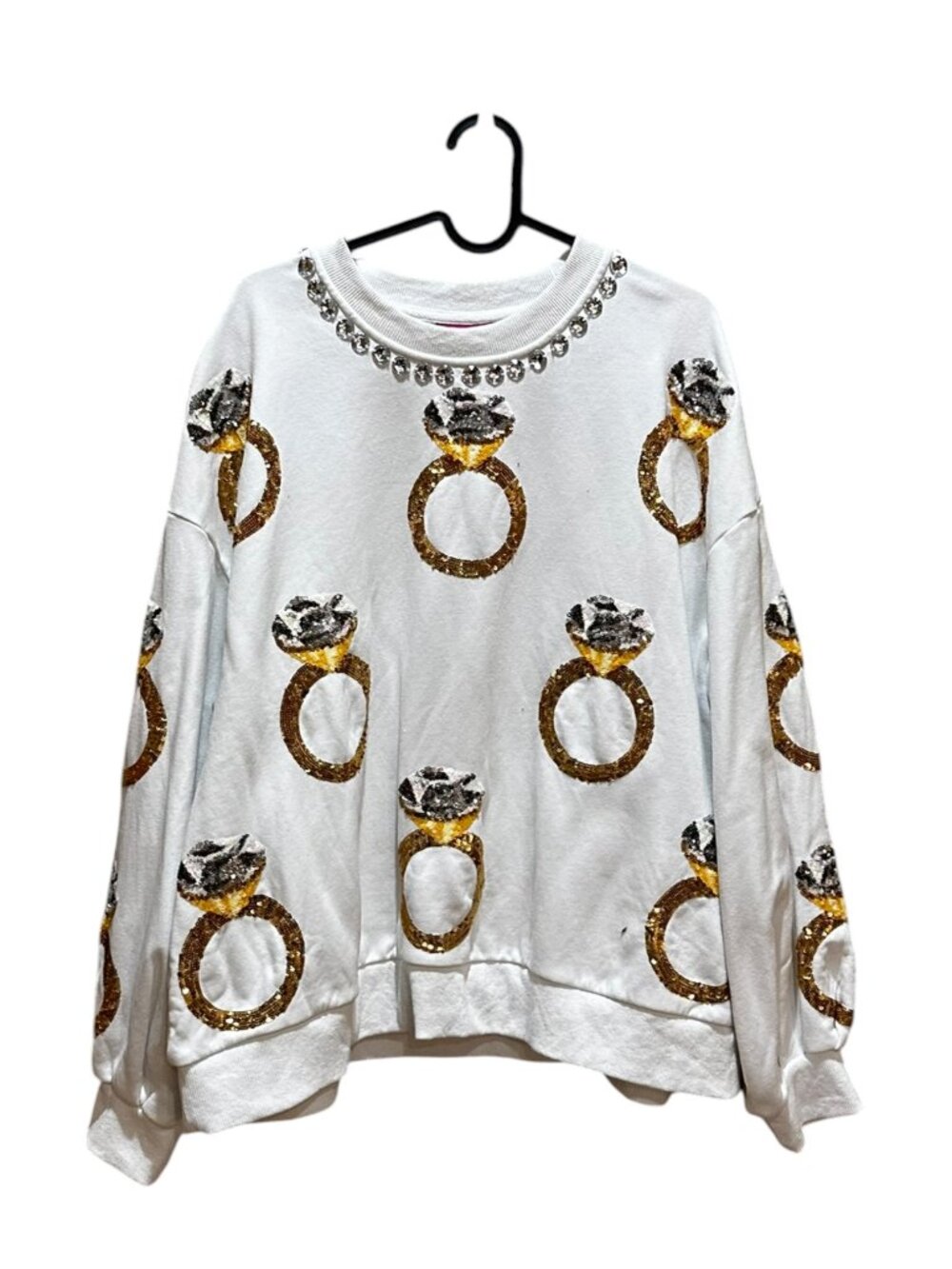 Queen of Sparkles White Sequence Ring Crewneck Sweatshirt Bride Wedding